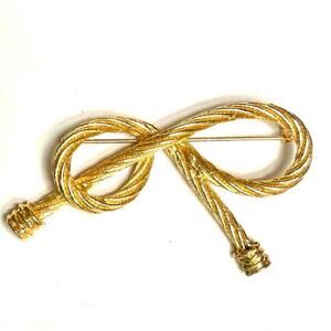 Rope Bow Brooch 3 1/2" Gold Vtg Jewelry Pin AU22